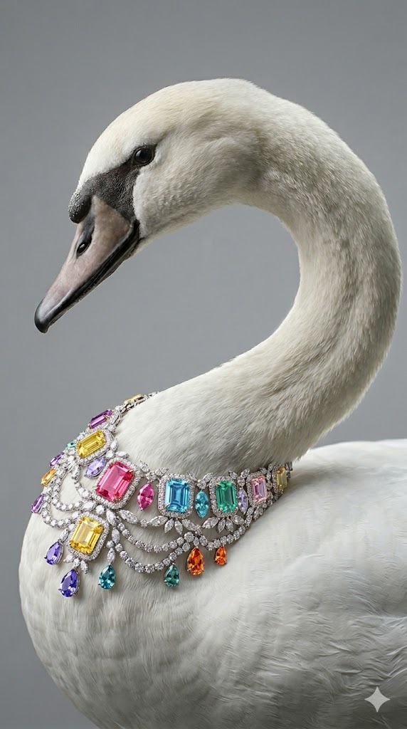 Luxury Swan Editorial Portrait with Gemstone Necklace