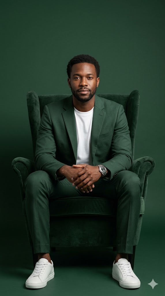 Monochrome Green Editorial Portrait (Studio Chair Pose)