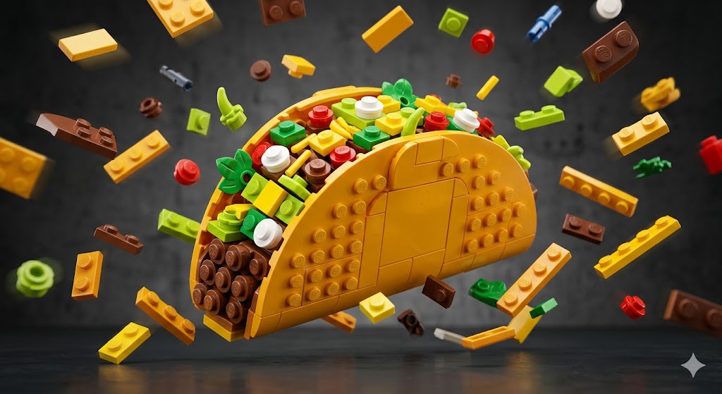 LEGO Taco Explosion (Ultra-Photorealistic Product Ad Prompt)